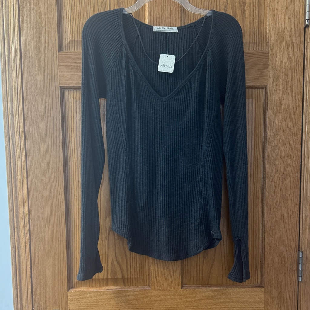 Free People Black Ribbed Long Sleeve V-Neck Tee